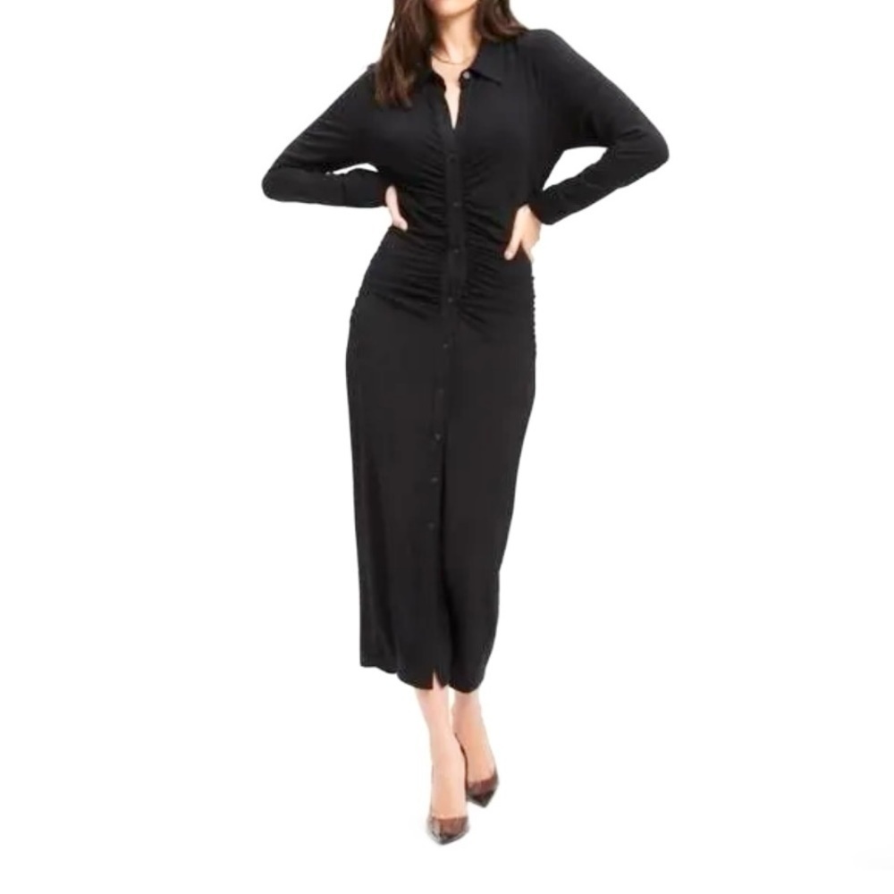 Good American Good Touch Button Front Ruched Midi Dress Black NWT
